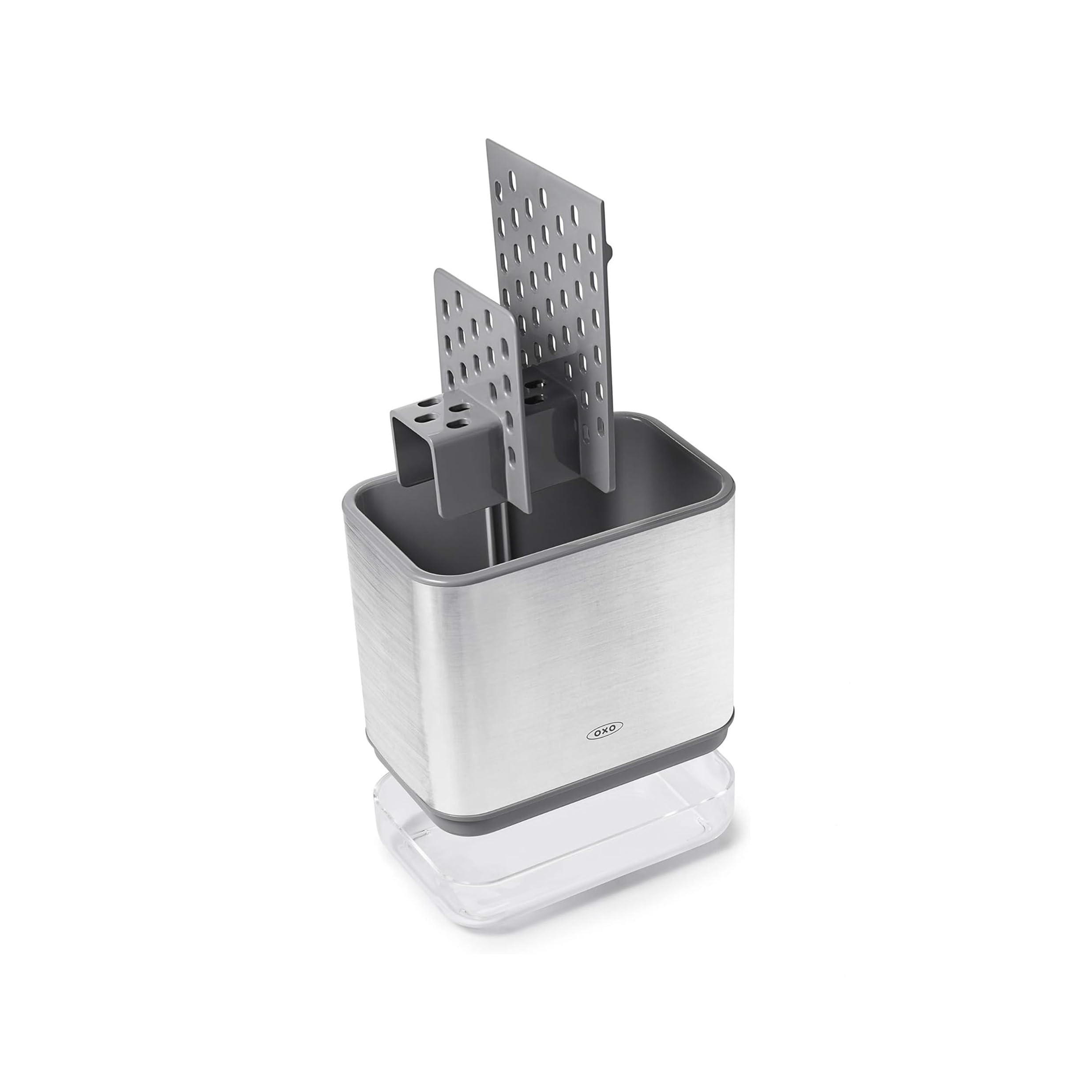 OXO Good Grips Sinkware Caddy, Stainless Steel, Compact - Ventilated Divider, Removable Drip Tray with Pour Spout, Silver, 14.5 x 10 x 14 cm