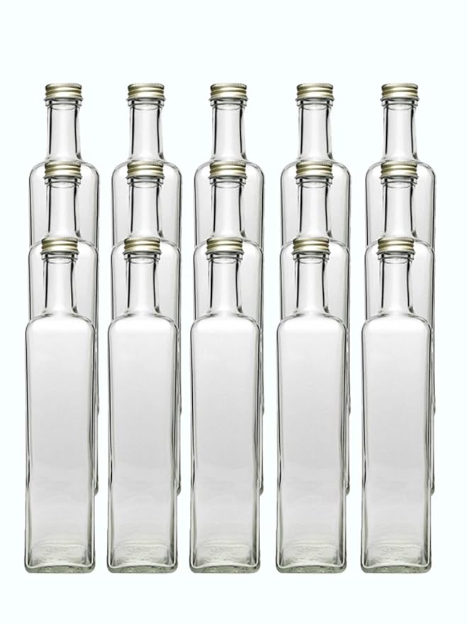 Glasflaschen Set | 24 teilig | Füllmenge 500 ml | Deckelfarbe Gold | 12 Maras 12 Ausgießer schwarz Saftflaschen Likörflaschen