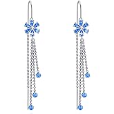 Blue Flower Threader Earrings Sterling Silver Long Tassel Drop Dangle Earrings Jewelry Gift for Women