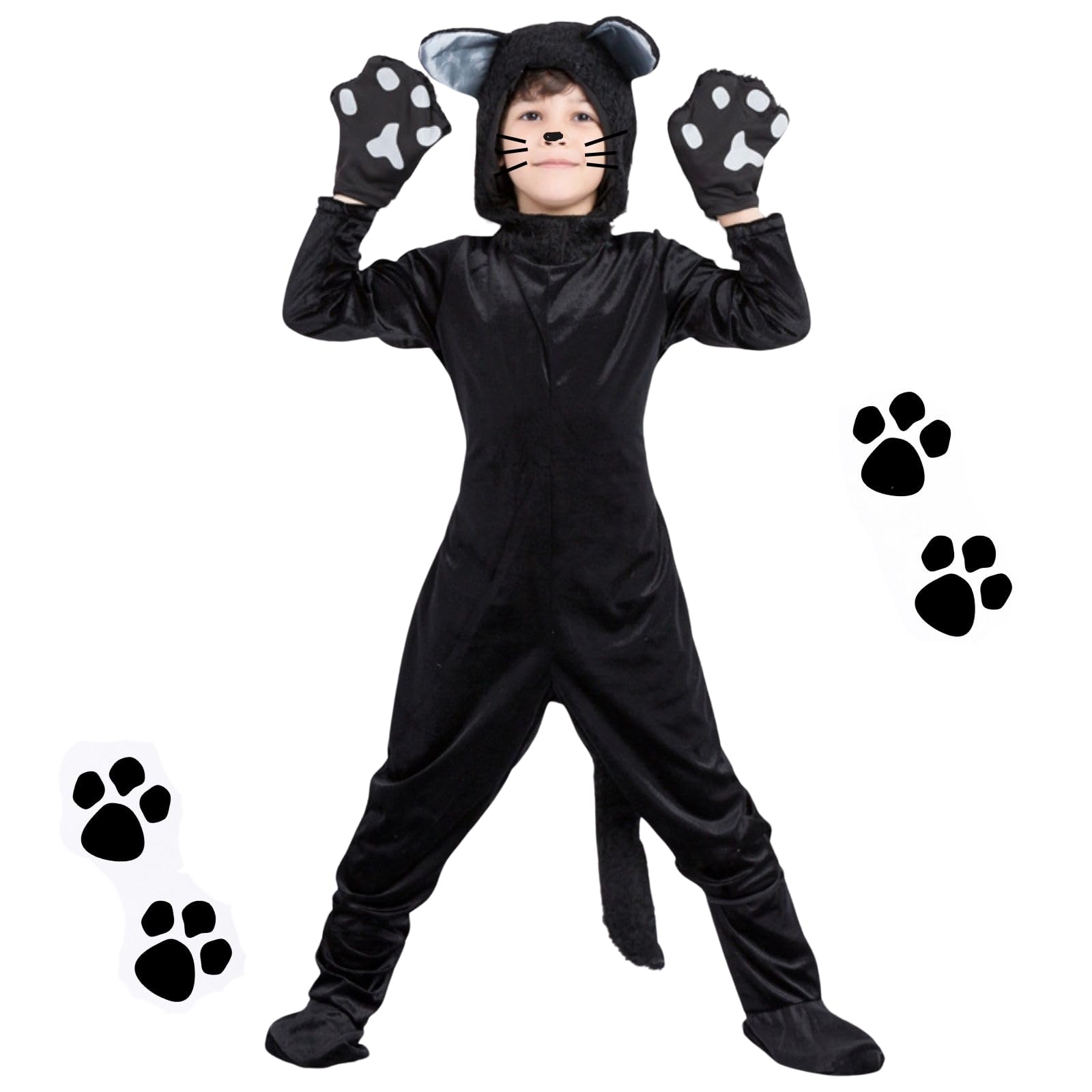 maxToonrain Black Cat Costumes for Kids 3-12 Yrs, Animal Onesie with Hood, Gloves, Foot Covers Halloween Fancy Dress for World Book Day/Book Week, Christmas Theme Party (10-12Y,X-Large)