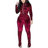KANSOON Track Suits for Women Set 2 Piece Sweatsuits Outfits Velour Ruched Long Sleeve Zip Up Jacket and Pants Sets