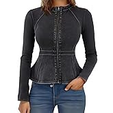 Lynroxia Casual Denim Peplum Jacket for Women Long Sleeve Zip Front Athletic Workout Ruffle Blazer Coats