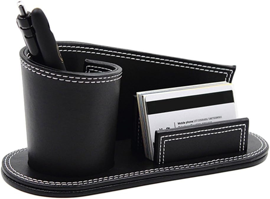 PU Leather Rounded Pen Holder and Business Card Holder Desk Organizer Stationery Storage Box Office Desktop Storage Supplies Decoration Ornament Box for Holding Pens Stapler Name Cards