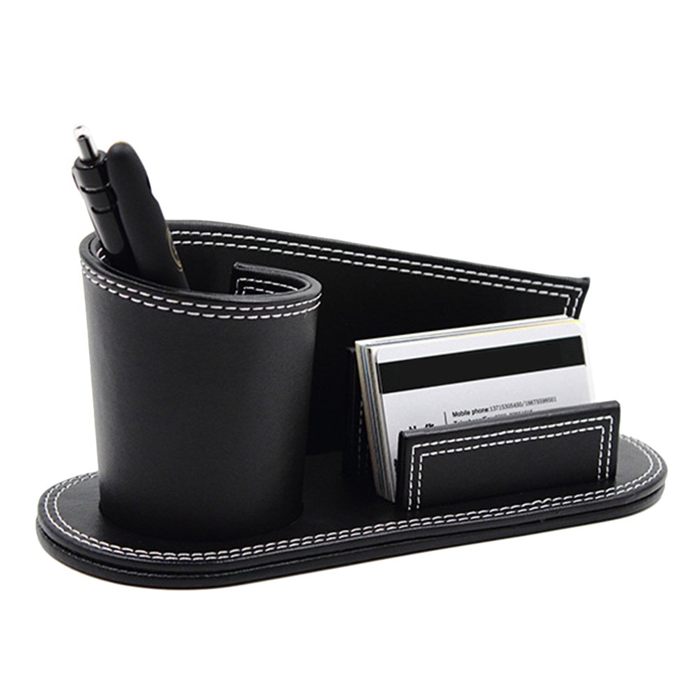 PU Leather Rounded Pen Holder and Business Card Holder Desk Organizer Stationery Storage Box Office Desktop Storage Supplies Decoration Ornament Box for Holding Pens Stapler Name Cards