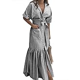 utcoco Women's 2025 Summer Casual Striped Button Down Maxi Dress Tie Waist Short Sleeve Shirt Dress with Pockets