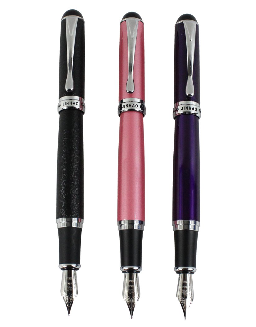 3 PCS Jinhao X750 Fountain Pen Medium 18KGP Nib in 3 Colors(Black, Purple, Pink) with Transparent Pen Pouch