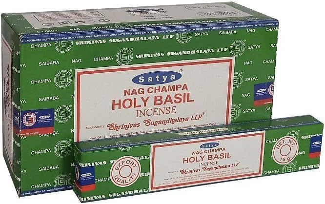 Satya Nag Champa Holy Basil Incense Sticks – 3 Packs (15g Each) + JRose Wooden Burner | Herbal Tulsi Fragrance for Meditation, Relaxation & Spiritual Practice
