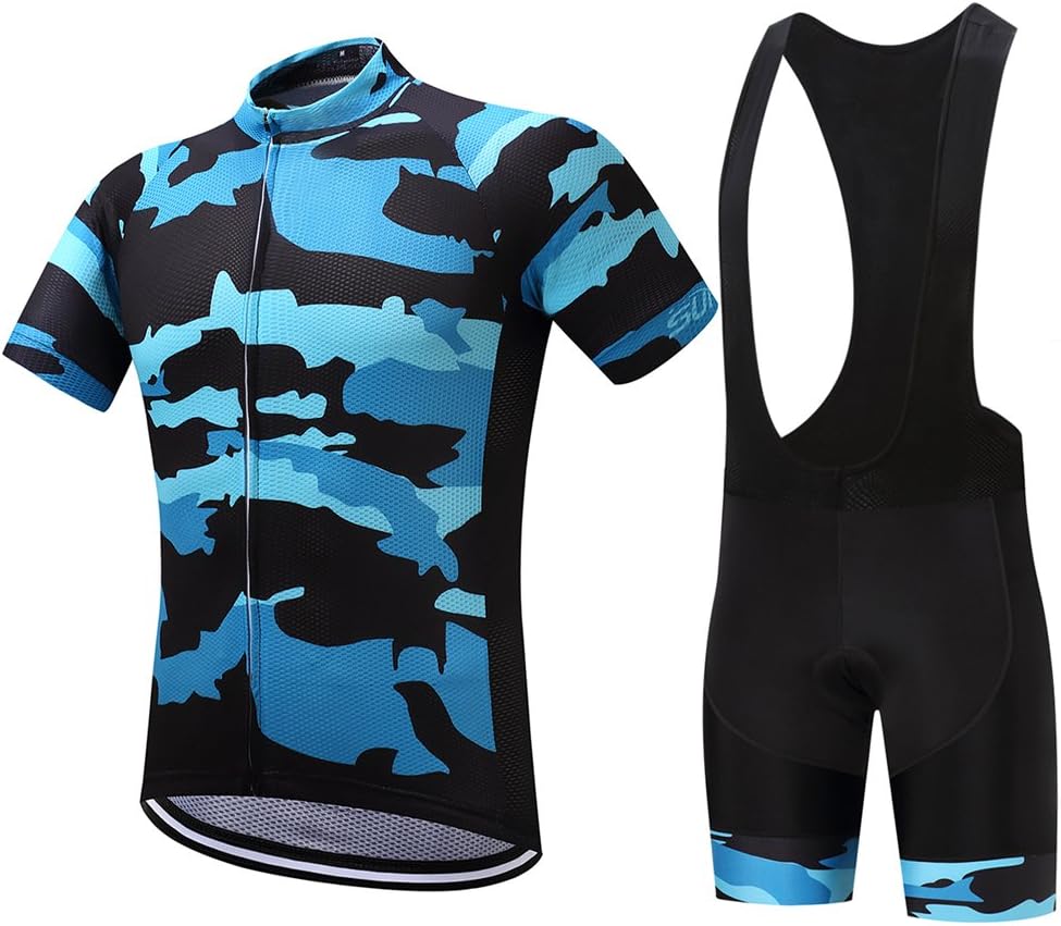 SUREA Camouflage Blue Short Sleeve Bike Clothes Set Super Summer Cycling Jersey with Bib Shorts Suit
