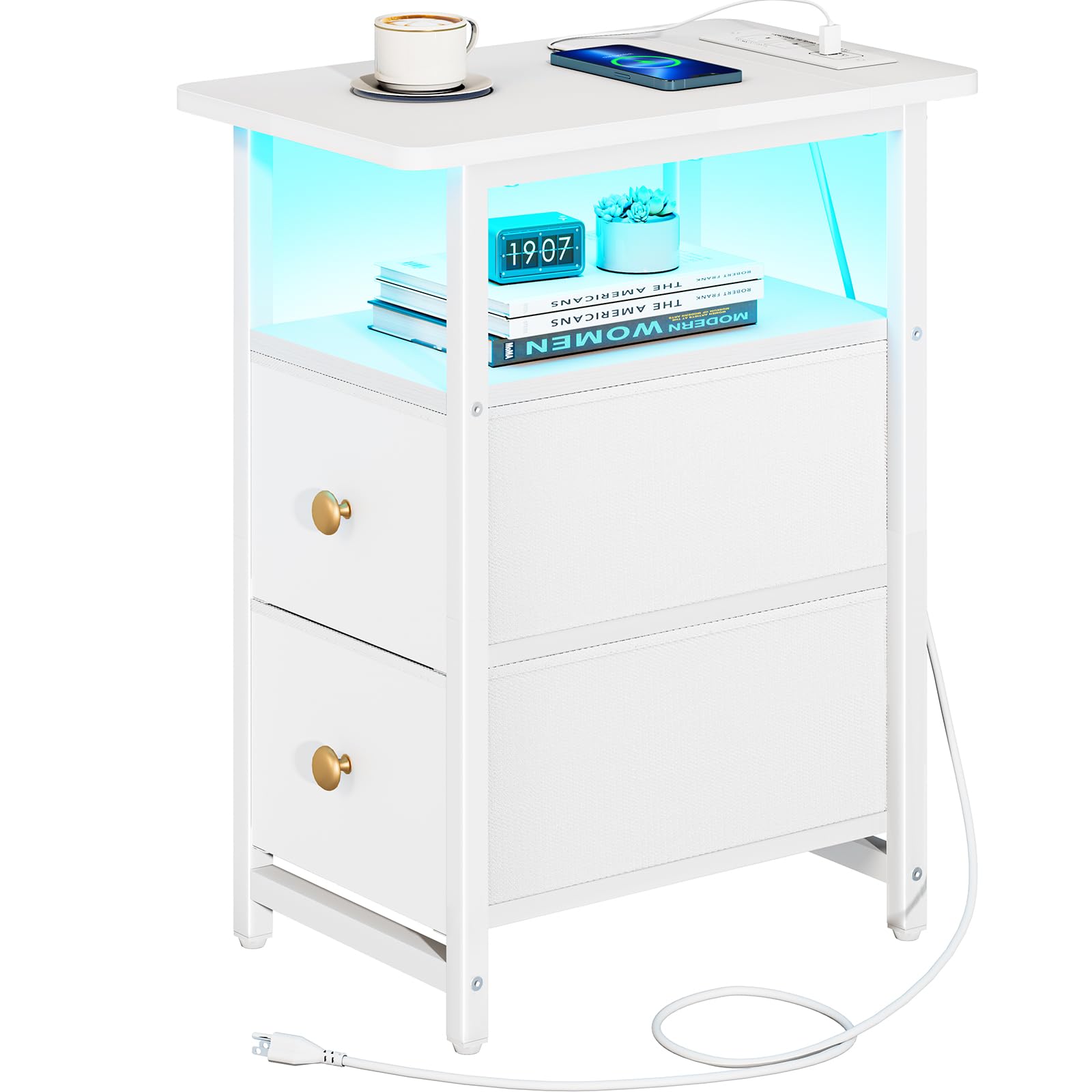 Photo 1 of Yoobure End Table with Charging Station, Narrow Side Table LED Small Night Stand, Skinny Nightstand with Fabric Drawers, Bedside Table End Tables Living Room, Side Tables Bedroom for Small Spaces