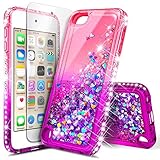 iPod Touch 7th /6th /5th Generation Case, iPod Touch 7/6/5 with Tempered Glass Screen Protector for Women Girls Kids, NageBee Glitter Sparkle Liquid Floating Waterfall Durable Cute Case -Pink/Purple