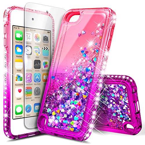 iPod Touch 7th /6th /5th Generation Case, iPod Touch 7/6/5 with Tempered Glass Screen Protector for Women Girls Kids, NageBee Glitter Sparkle Liquid Floating Waterfall Durable Cute Case -Pink/Purple