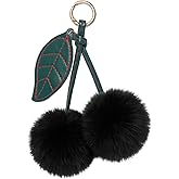 Clofiak Cherry Pom Pom Keychain, Fluffy Car Keychain Pompom Key Chains Charm for Handbags, Purses, Handbags for Women Girl (Black)