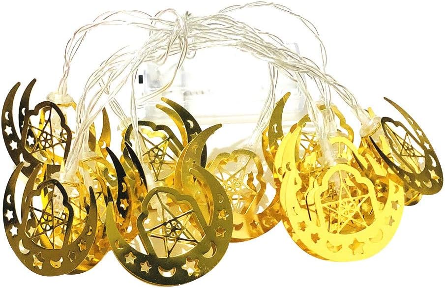 KCPer 1.65m 10 Lights Moon Lamp LED Eid Mubarak Decorative String Lights Ramadan Kareem Decoration Muslim Islam Wedding Party Supplies (A)