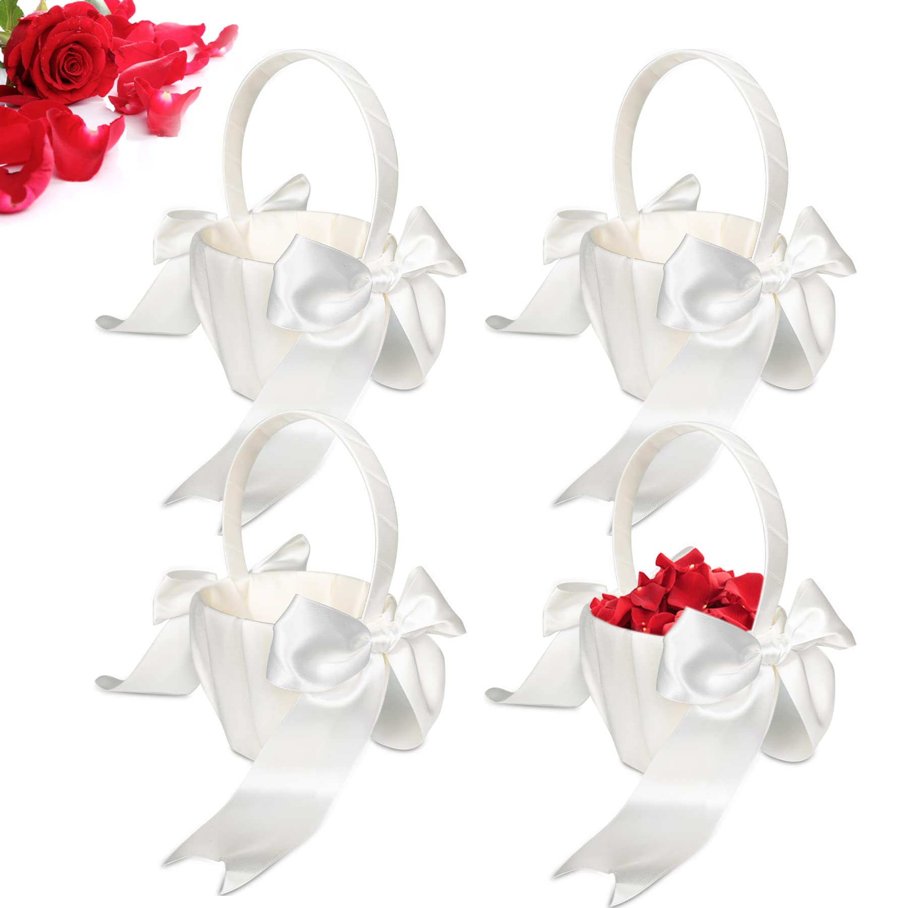 Photo 1 of White Flower Girl Baskets for Weddings, Ivory Flower Girl Basket, Wedding Banquet Party Supplies, 8 x 5 x 3.5 Inches (Big Bow)