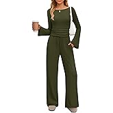ZESICA Women's 2 Piece Lounge Sets Fall 2026 Casual Long Sleeve Boat Neck Ribbed Tops Wide Leg Pants Outfits with Pocket