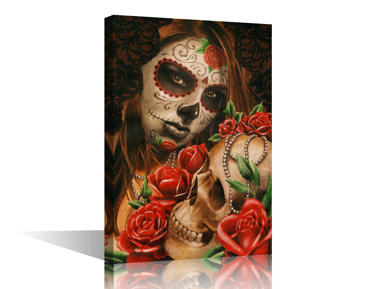 Wall Art Painting Mexican Day of The Dead Skull Girl Picture Print on Canvas Wall Decor Poster Framed and Stretch Canvas Artwork for Living Room Bedroom Ready to Hang 16x24inch (40x60cm)