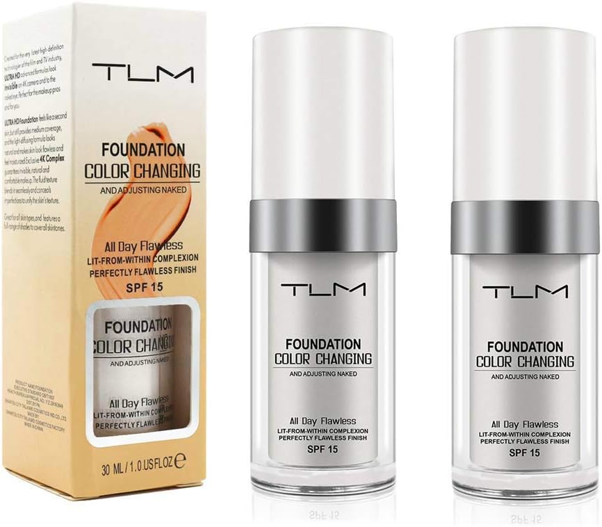 2 PCS TLM Perfect Flawless Colour Changing Warm Skin Tone Foundation Makeup Base Nude Face Moisturizing Liquid Cover Concealer
