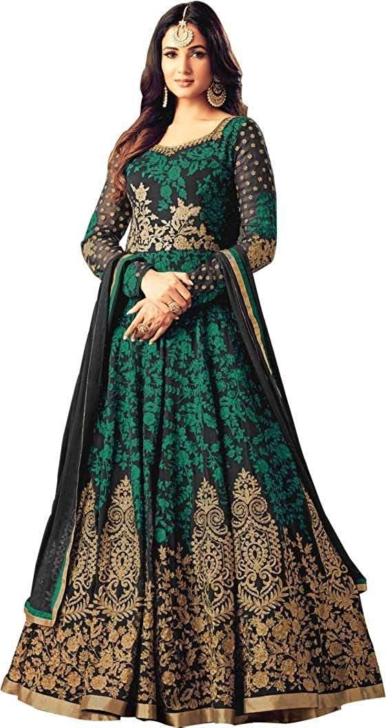 Fast Fashions Women's Semi Stitched Taffeta Silk Anarkali Gown (Free Size_Pink&Green)