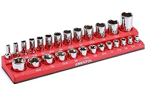 EMENTOL 3/8" SAE Magnetic Socket Organizer -Red, Holds 13 Standard (Shallow) and 13 Deep Sockets, Magnetic Socket Holder for 