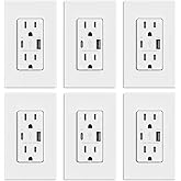 ELEGRP USB Outlets, 15 Amp Wall Outlet with USB Ports, 21W USB Outlets Receptacles with Type A &amp; Type C Ports, Tamper Resistant Receptacle, Wall Plate Included, Ul Listed (6 Pack, Matte White)