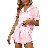 SAPJON Satin Silk Pajamas for Women 2Pcs Ruffle Notch Collar Sleepwear Button Down Short Sleeve Shorts Pjs Set Loungewear