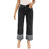 Cicy Bell Womens Wide Straight Leg Jeans High Waisted Trendy Cuffed Hem Distressed Vintage Denim Pants