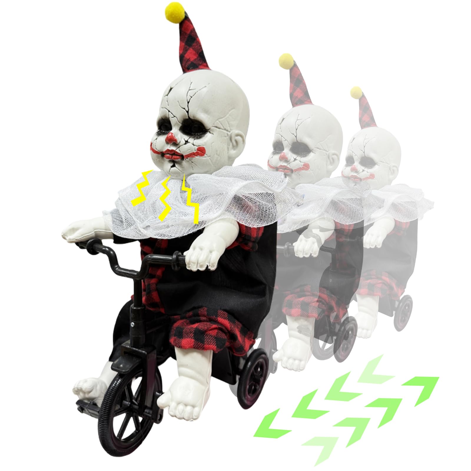Photo 1 of [Moving Back and Forth] Halloween Animatronic 15.5” Clown Ride on Bicycle, Sound Activated Spooky Talking Halloween Decoration Indoor for Haunted House, Party, Storefront