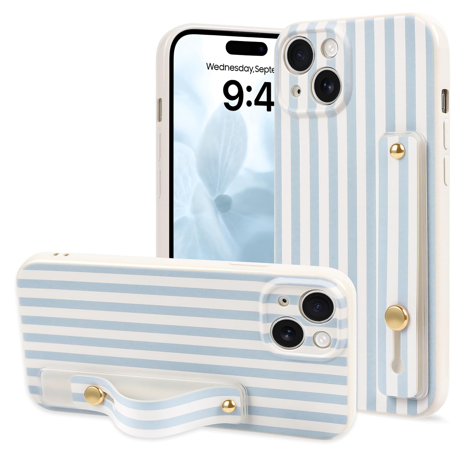 Lovmooful Compatible for iPhone 15 Case Cute Aesthetics Color Striped with Wrist Strap Design for Girls Women Soft TPU Shockproof More Protective Girly for iPhone 15 Case-Blue&White