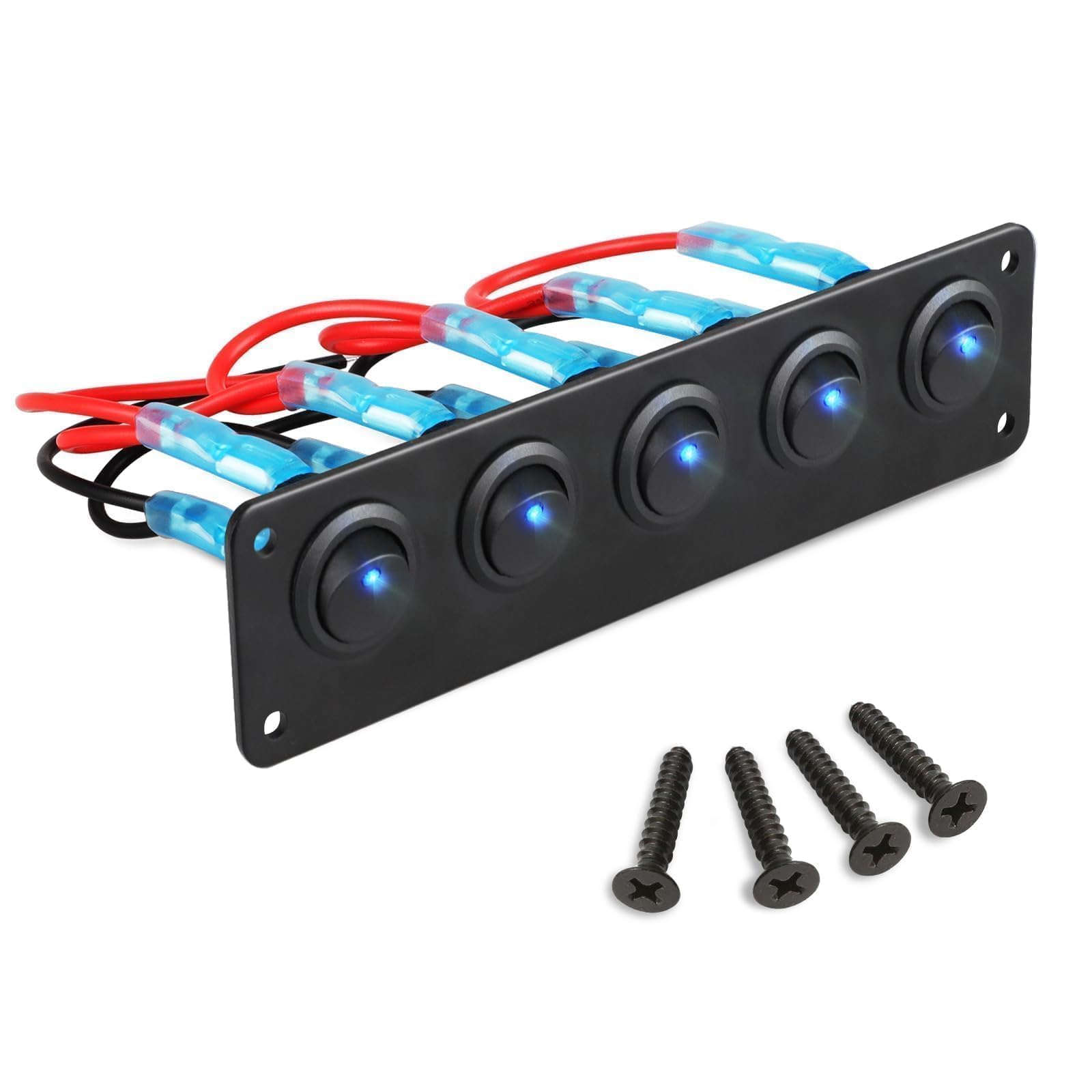 Linkstyle 5 Gang Rocker Switch Panel, 12V 20A Pre-Wired Waterproof On/Off Toggle Switch with Blue LED, SPST 3 Pin Switches for Car Boat Marine RV Campervan