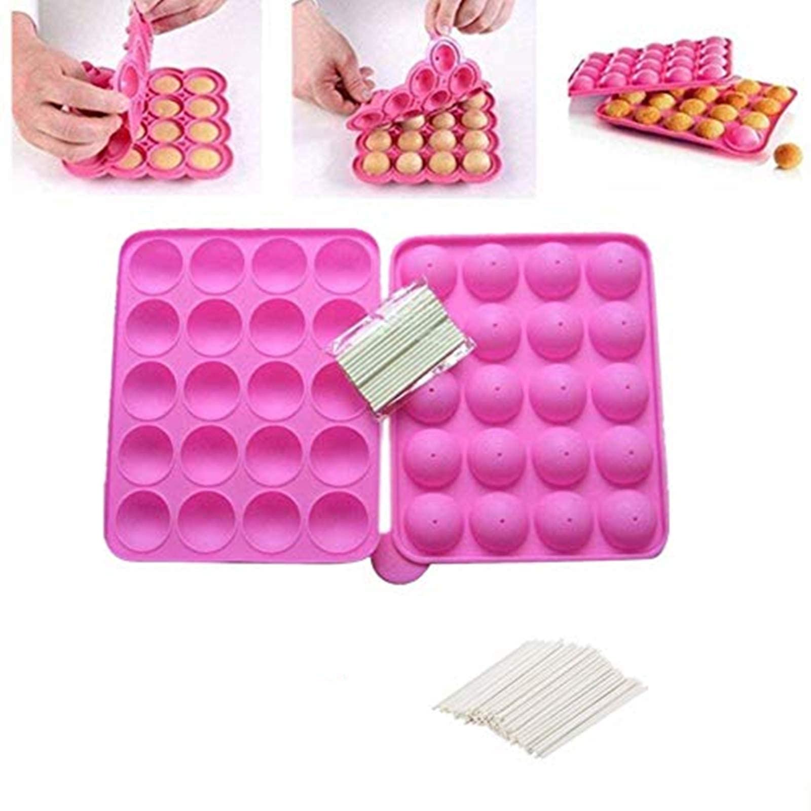 Rigrer BPA Free Silicone Cake Pop Mould, Lollipop Silicone Molds, Muffin Cake Ice Cube Trays with 120 Sticks Gumdrop Jelly Moulds- Pink