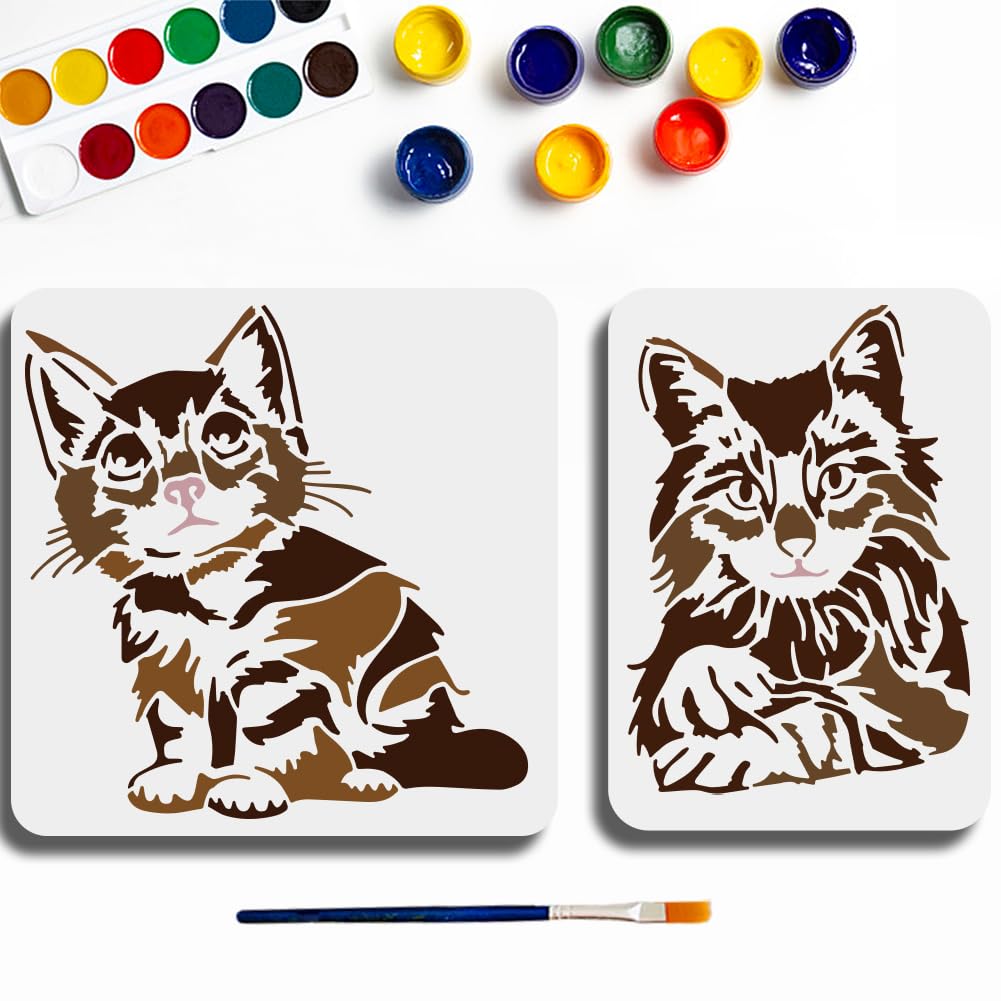 MAYJOYDIY 2-Pack Stencils 30×30cm + A4 (Cat Silhouette/Paw) Reusable Painting Templates for Walls, Furniture & Fabric Feline Theme Home Decor