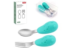 YIVEKO Baby Fork and Spoon Set with Carry Case Baby Training Utensils Self Feeding Toddler Silverware Silicone and Stainless Steel Kids and Toddler Utensil Set-Dinosaur