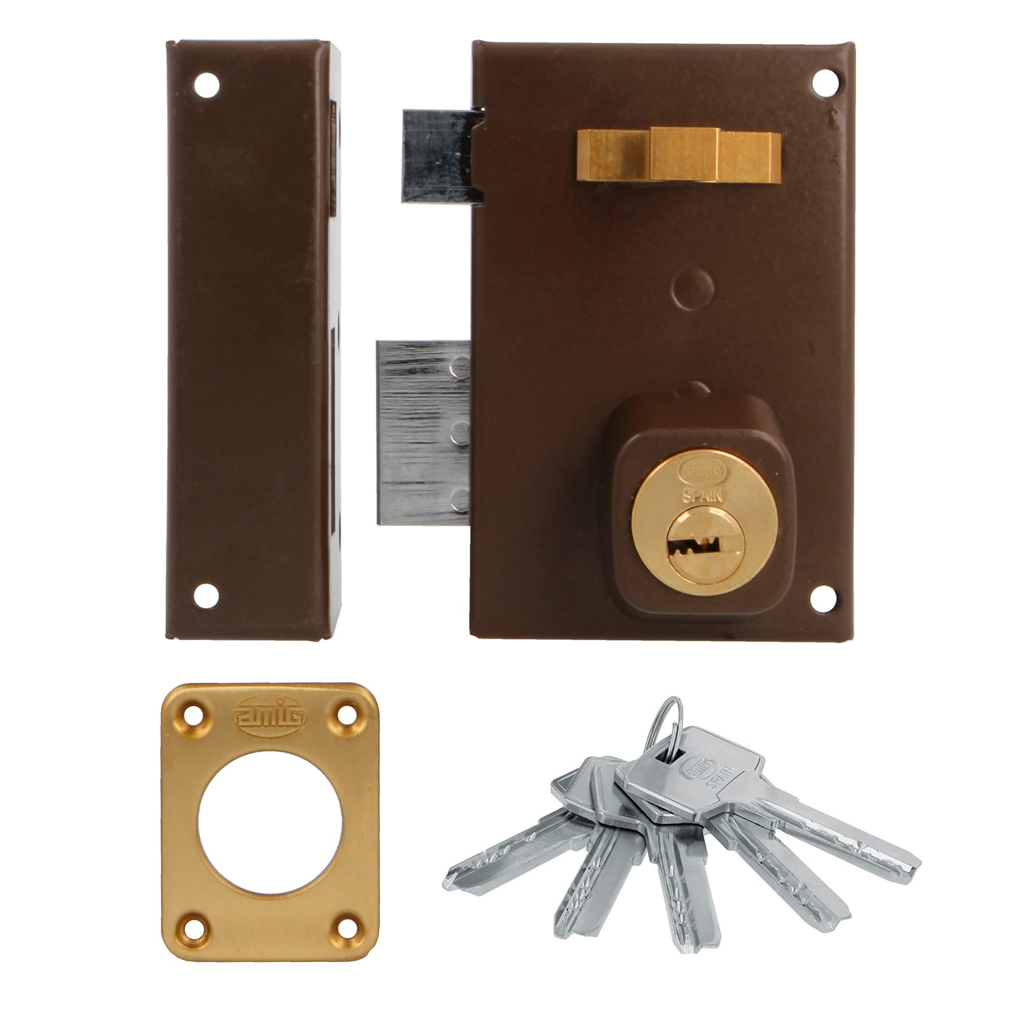 Amig - Surface Mounted Left-Hand Lock with Closing Lever | Latch and Handle for Wooden Doors | Model 75, 72 x 112 mm | Round Security Cylinder | Steel | Brown