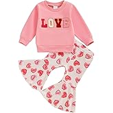 Engofs Toddler Baby Girl Valentines Day Outfit Long Sleeve Letter Print Sweatshirt Flared Pants Set
