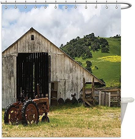 Liguo88 Custom Waterproof Bathroom Shower Curtain Polyester Farm House Decor Collection Old Wooden Barn with Rusted Tractor on Hillside Enclosed with Wooden Fence and Trees Green White Decorative bat