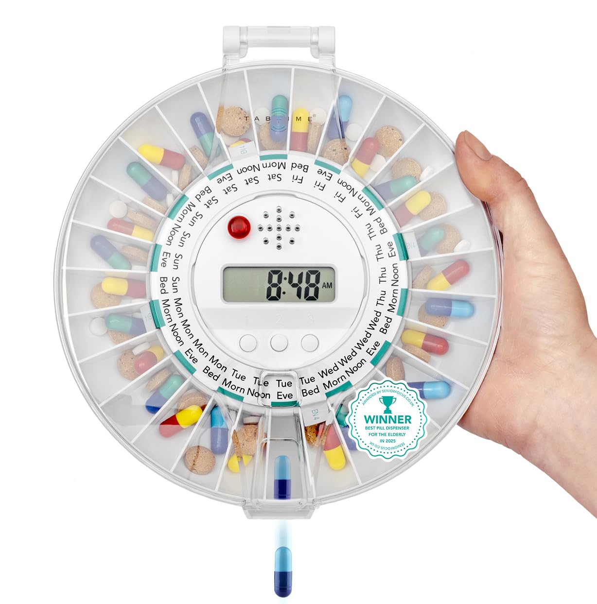 TabTime Automatic Pill Dispenser, 6 Alarms per Day. Clear Lockable lid. UK Customer Service.The Essential Medication aid for the Elderly and Alzheimer's and Dementia Patients