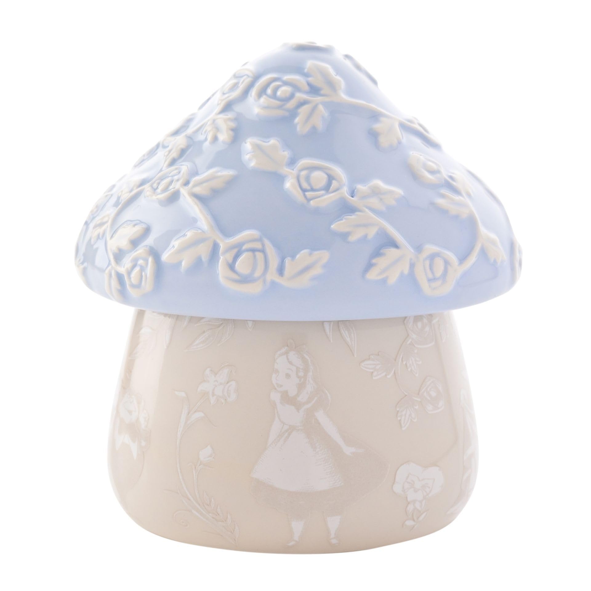 Disney - Alice In Wonderland - Ceramic Blue / Beige Mushroom Trinket Box Officially Licensed Product - Mad Hatter, Tweedle Dum & Dee, White Rabbit, Queen Of Hearts & Alice. H:10 x W: 10 x D:11cm.