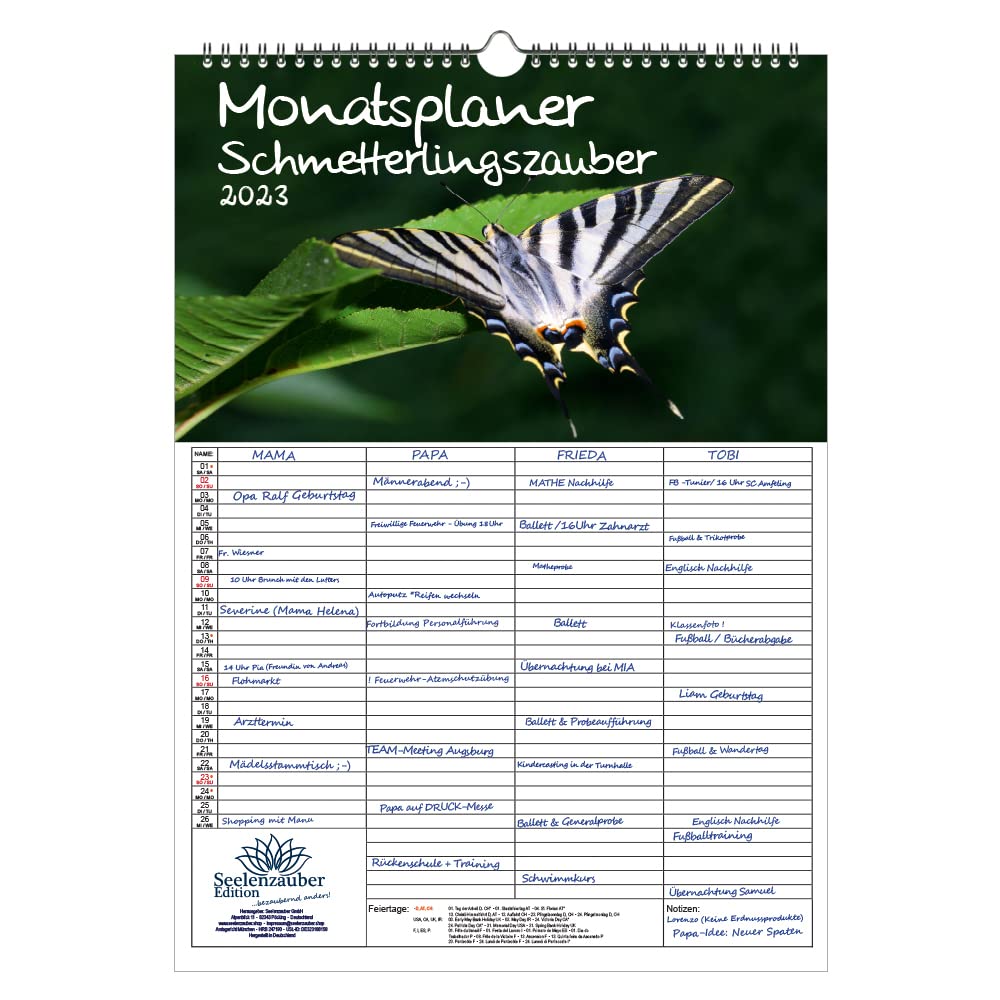 Wall Planner Family Planner 4 Columns - Butterfly Magic DIN A3 Calendar for 2023 Butterfly