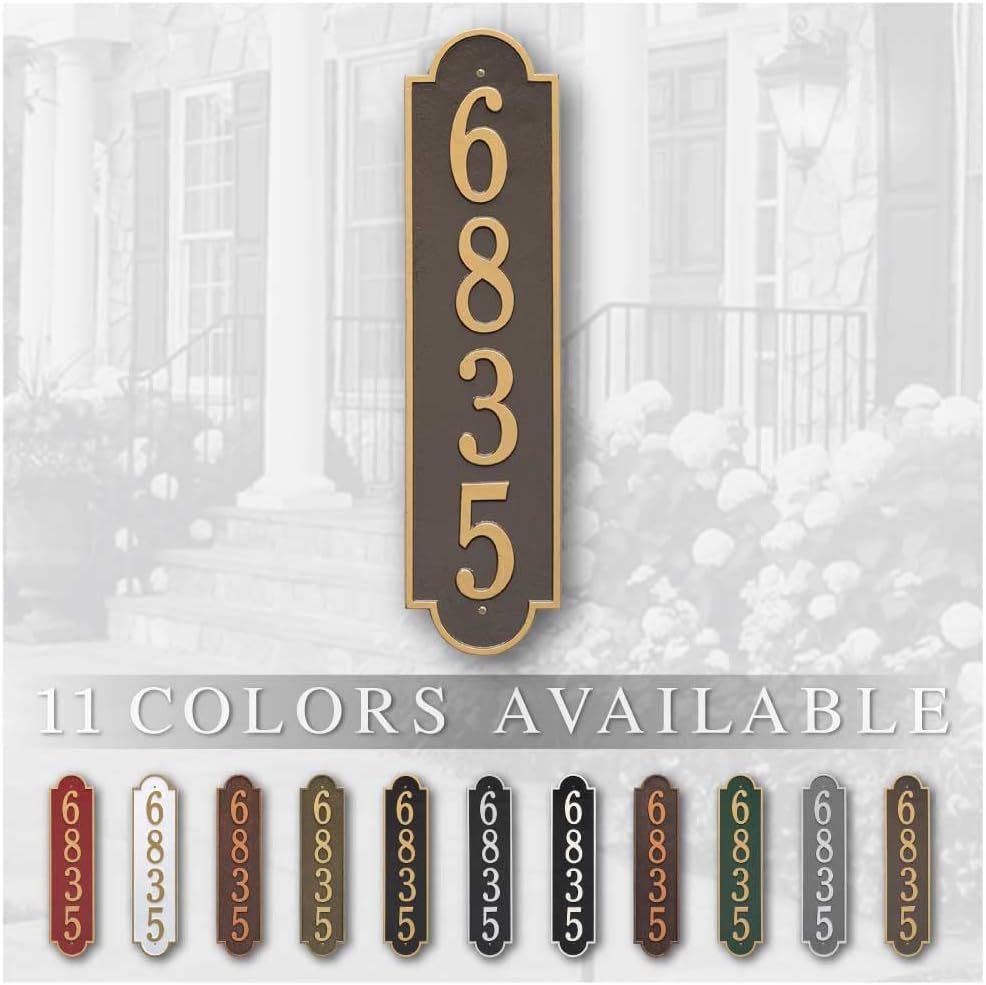 Plaques & Wall Art - Whitehall™ Personalized Cast Metal Address plaque - The Extra Large, Richmond Vertical Plaque. Made in the USA. BEWARE OF IMPORT IMITATIONS. Display your address and street name. Custom house number sign.