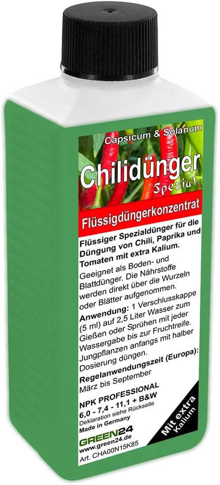 GREEN24 Chilidünger Paprikadünger Spezial Capsicum, zum düngen von Chili (Chilli) Peperoni Paprika und auch Tomaten, Flüssig - Dünger der Profi Linie