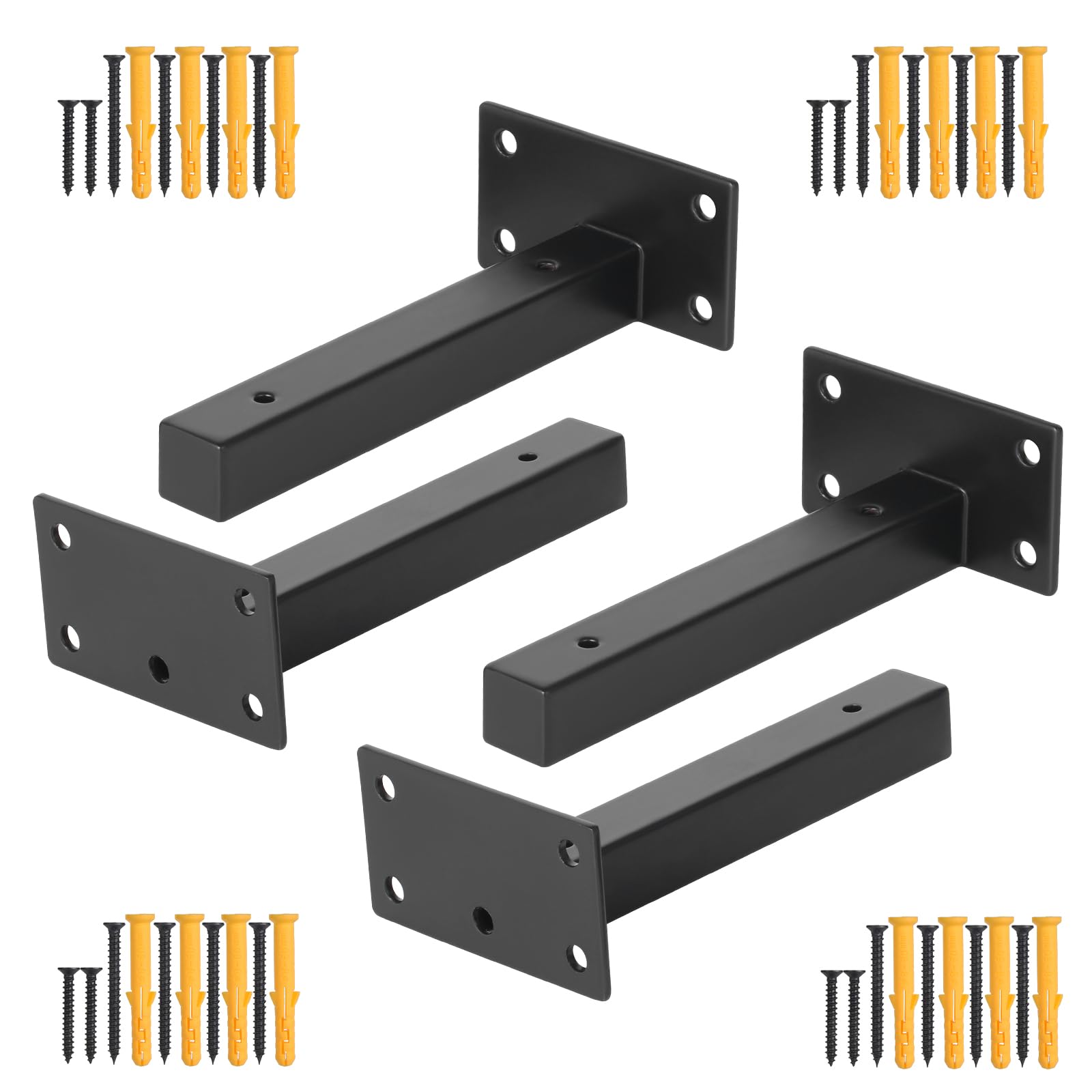 HSEAMALL 4PCS Shelf Brackets Heavy Duty Floating Shelf Brackets 6 Inch Wall Mounted Industrial Metal I Brackets Shelves Support Black