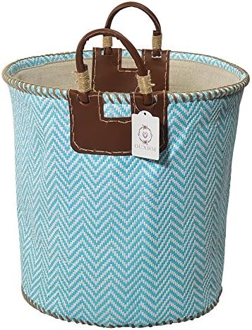 XNWYTECH Woven Storage Basket, 15" x 14.2" Organization Bin with Leather Handle for Towel, Laundry, Magzine, Gift Basket (15" x 14.2", Chevron cyan)