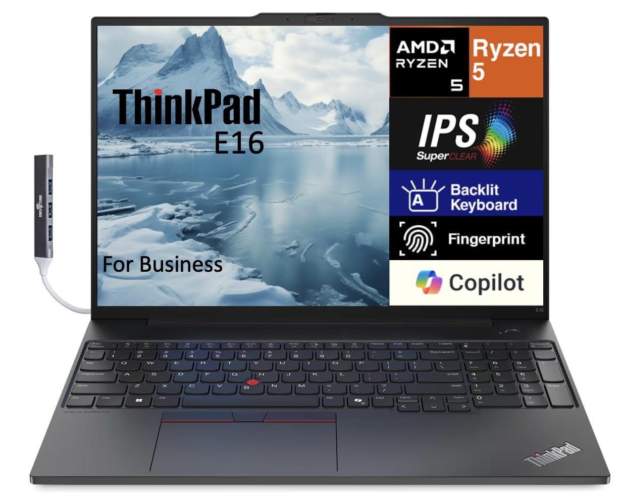 Lenovo ThinkPad E16 Gen 1 Business Laptop 16.0" WUXGA IPS Display 300 nits (AMD Ryzen 5 7530U 6-Core 2.00GHz, 16GB RAM, 512GB PCIe SSD, AMD Radeon, Backlit KYB, FP, WiFi 6, Win11Pro) w/Dockztorm Hub
