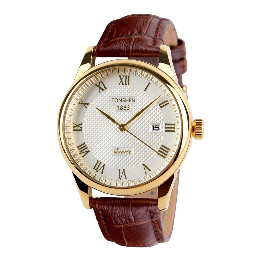 TONSHEN Unisex Fashion Analog Quartz Watch Luxurious White Roman Numeral Dial Gold Stainless Steel Case Brown Leather Band Calendar Date Window 12H Time Classic Casual Business Watches for Men Women