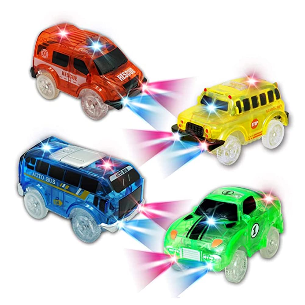 KaliningEU Track Cars for Kids, 4 Pack Replacement Cars Compatible with Most Tracks, Glow in the Dark, LED Lights, Ages 3+