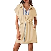 Fisoew Womens Short Sleeve Mini Dress Summer Quarter Zip V Neck Casual Sweatshirt Dresses with Drawstring Waist