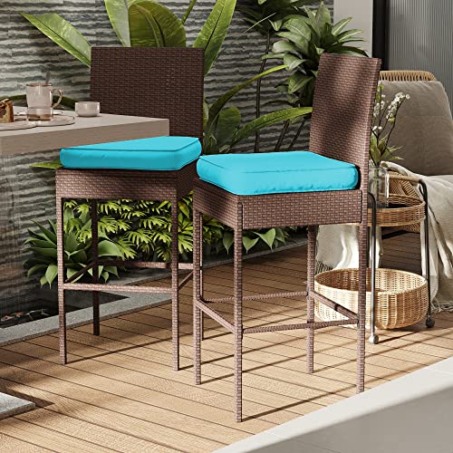 Sundale Outdoor Bar Stools Set of 2, 2 Piece Woven Wicker Bar Stools Armless, Patio Bar Chairs with Cushion Blue, All-Weather Outdoor Patio Furniture - Steel, Brown