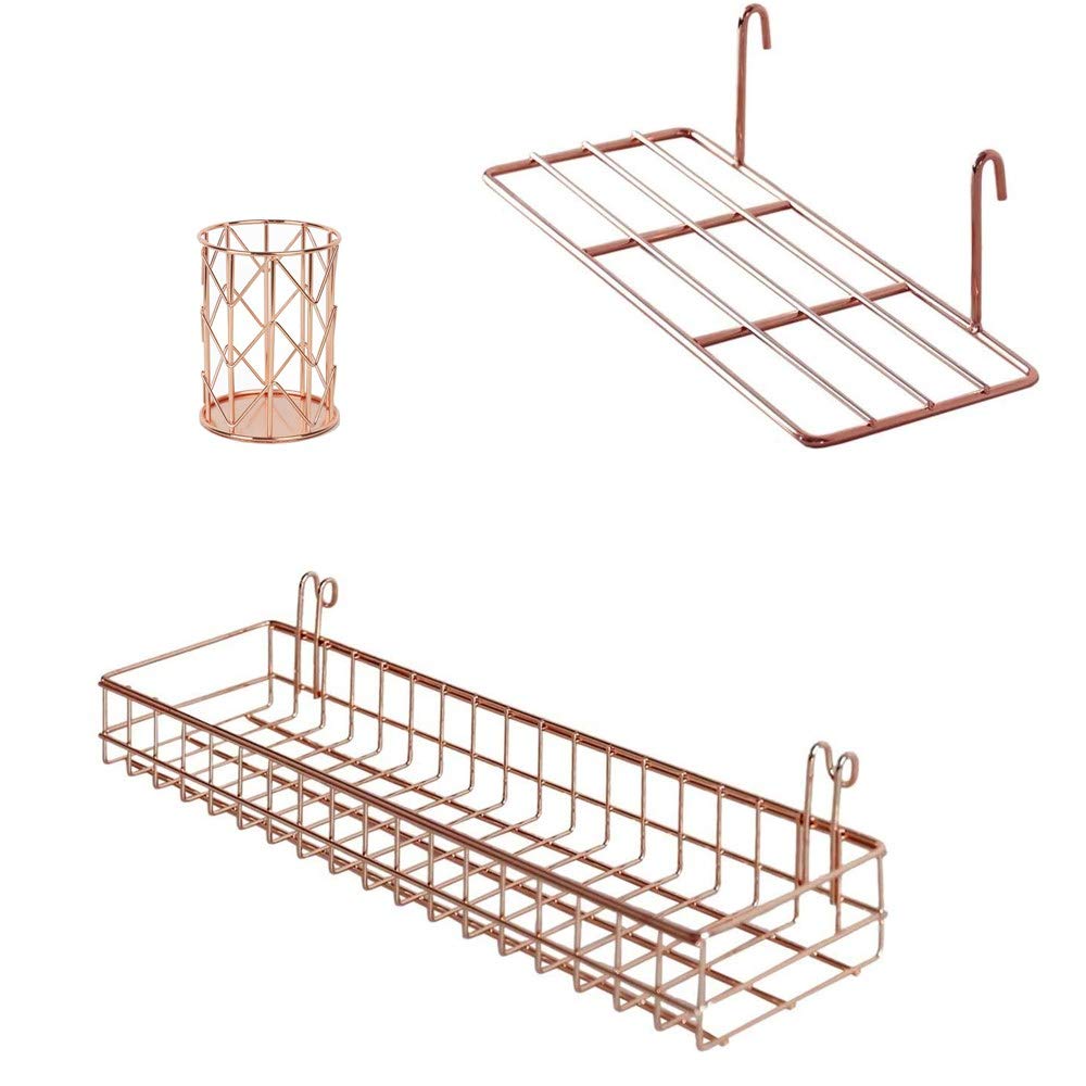 BULYZER Grid Wall Shelves Basket with Hooks,Bookshelf,Display Shelf for Wall Grid Panel,Wall Mount Organizer and Storage Shelf Rack for Office (Rose Gold)