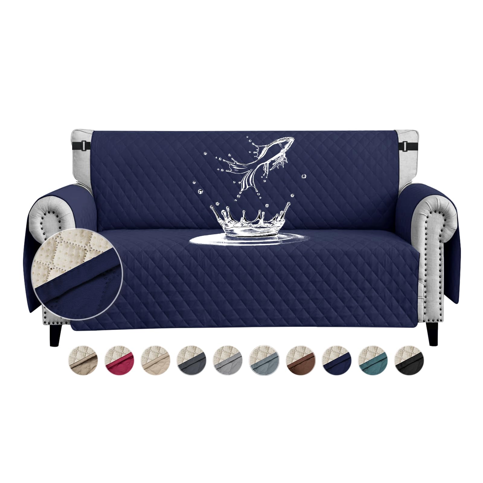 FIGOOO Sofa Covers Water Resistant Sofa Slipcovers 2 Seater Waterproof Anti-Slip Anti-Scratch Sofa Cover with Non Slip Elastic Straps for Dogs Cats Pets,Navy Blue