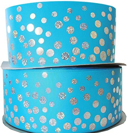 3 Inch Printed Dots Grosgrain Fabric Riboon Hologram Silver Ribbons 10 Yards (blue)